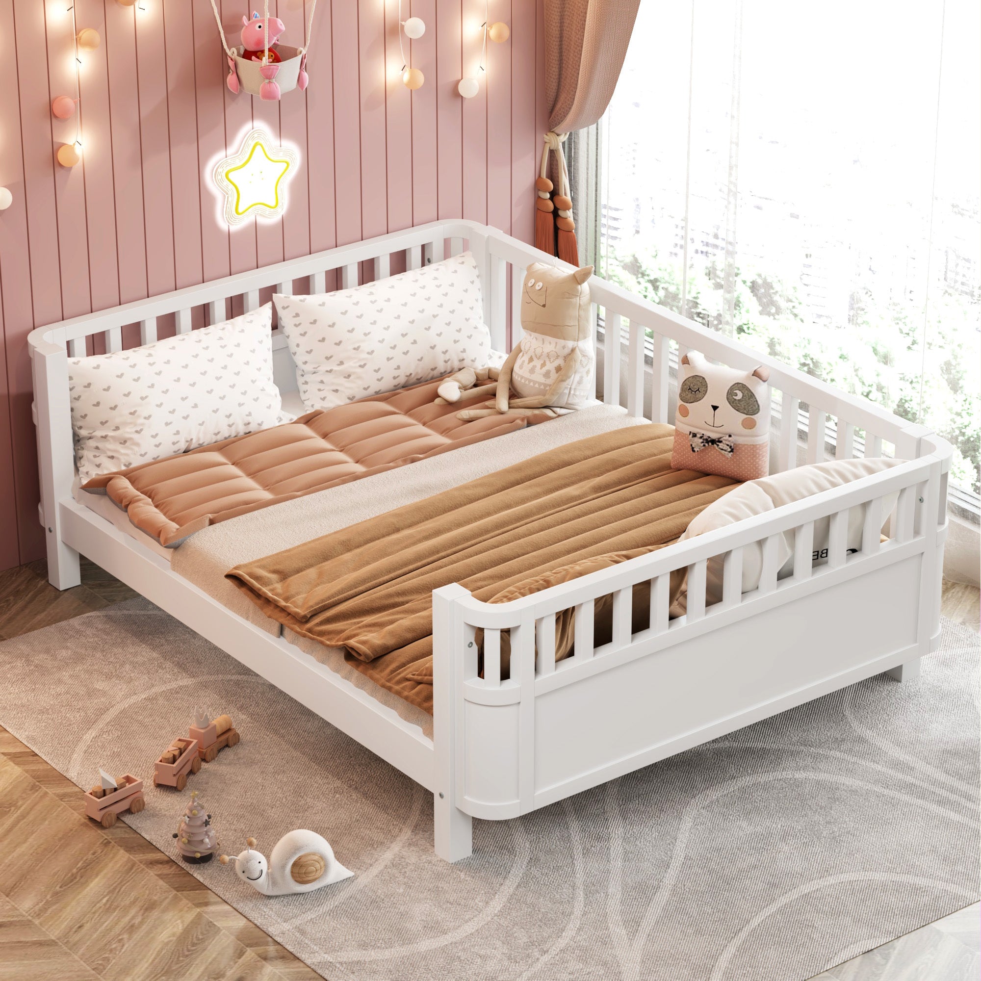 Full Size White Low Profile Wood Platform Bed for Kids with Rails
