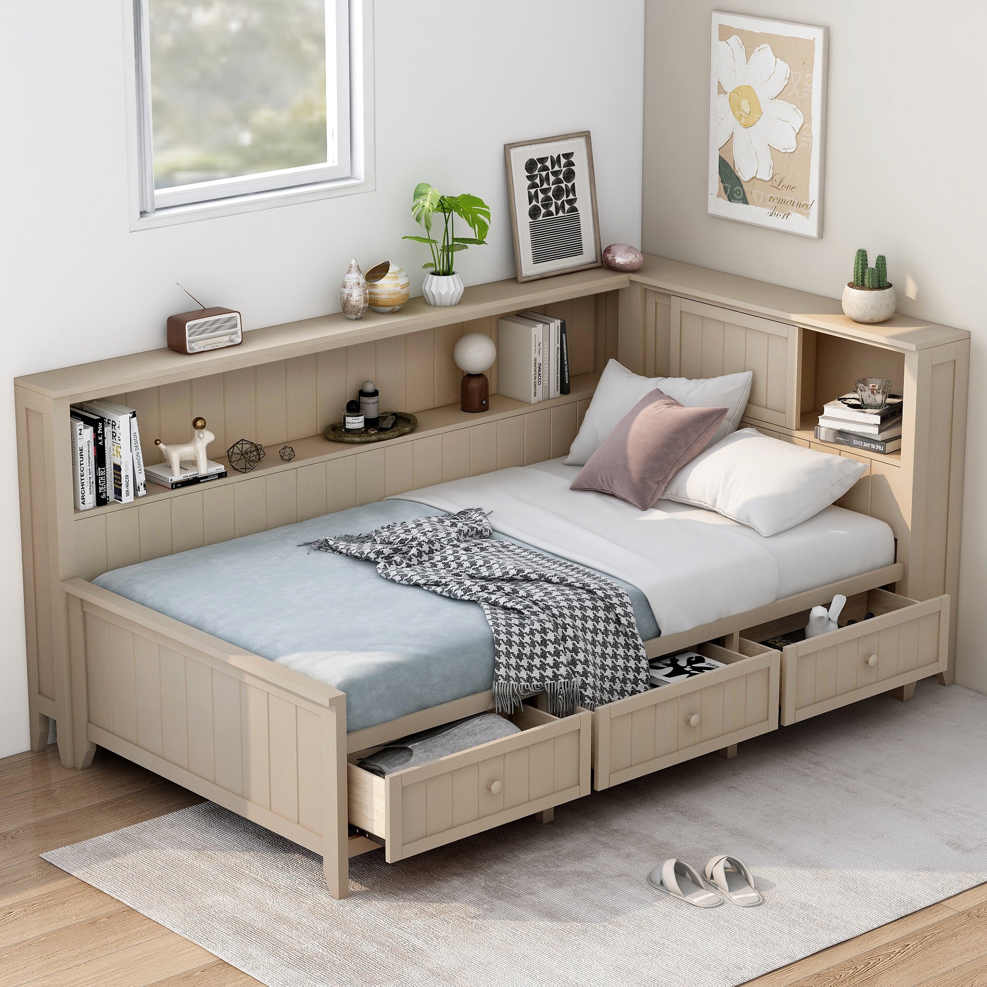 Twin Wood Daybed: Shelves, 3 Drawers, Antique White Milk Storage