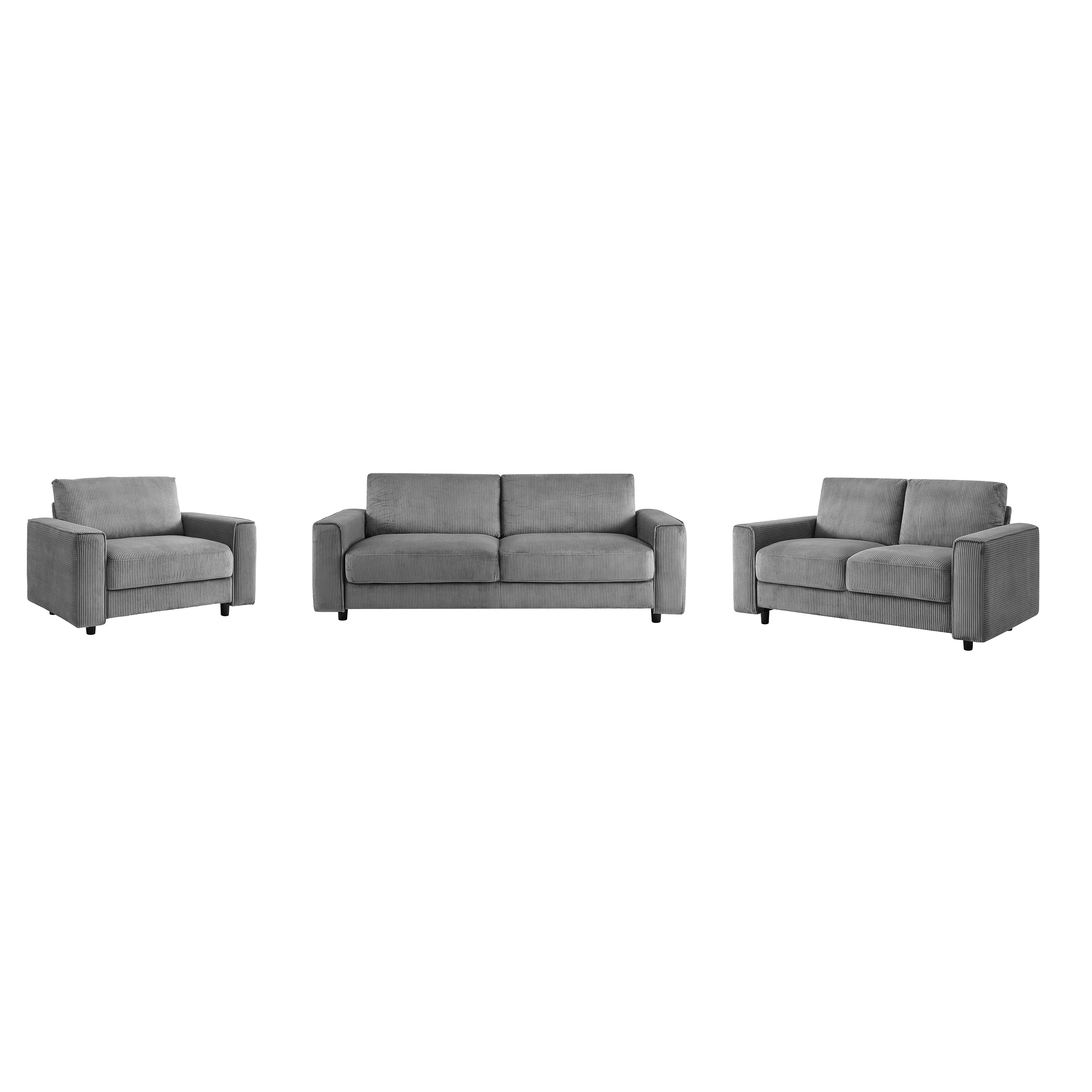 Modern Minimalist Grey Corduroy Sectional Sofa 3-Pc Set