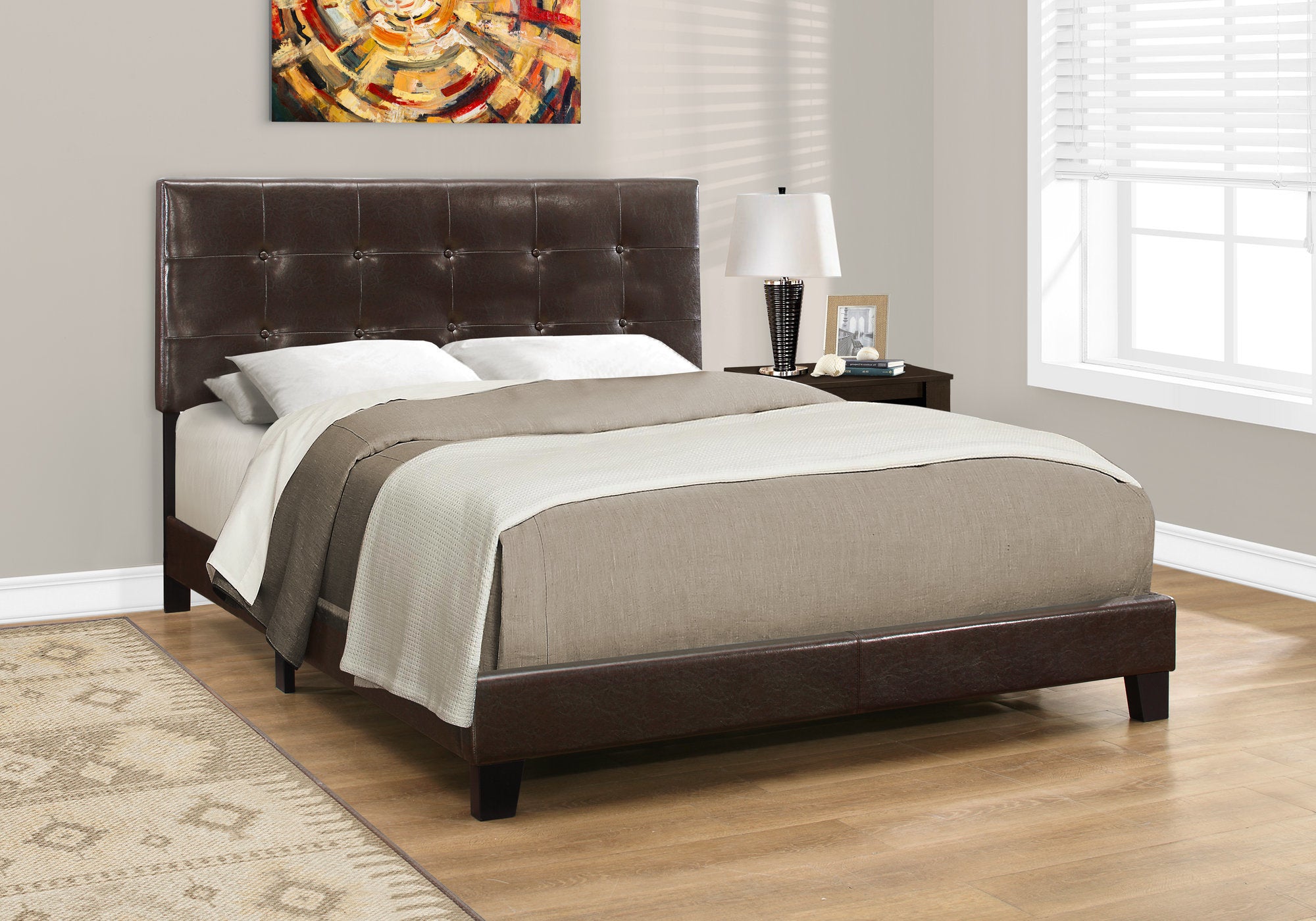 Transitional Queen Bed - Upholstered Brown Leather Look Bedroom