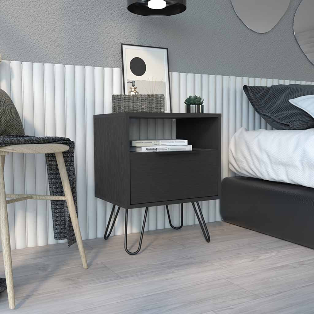 Skyoner Black Wengue Nightstand - Single Drawer & Hairpin Legs Modern