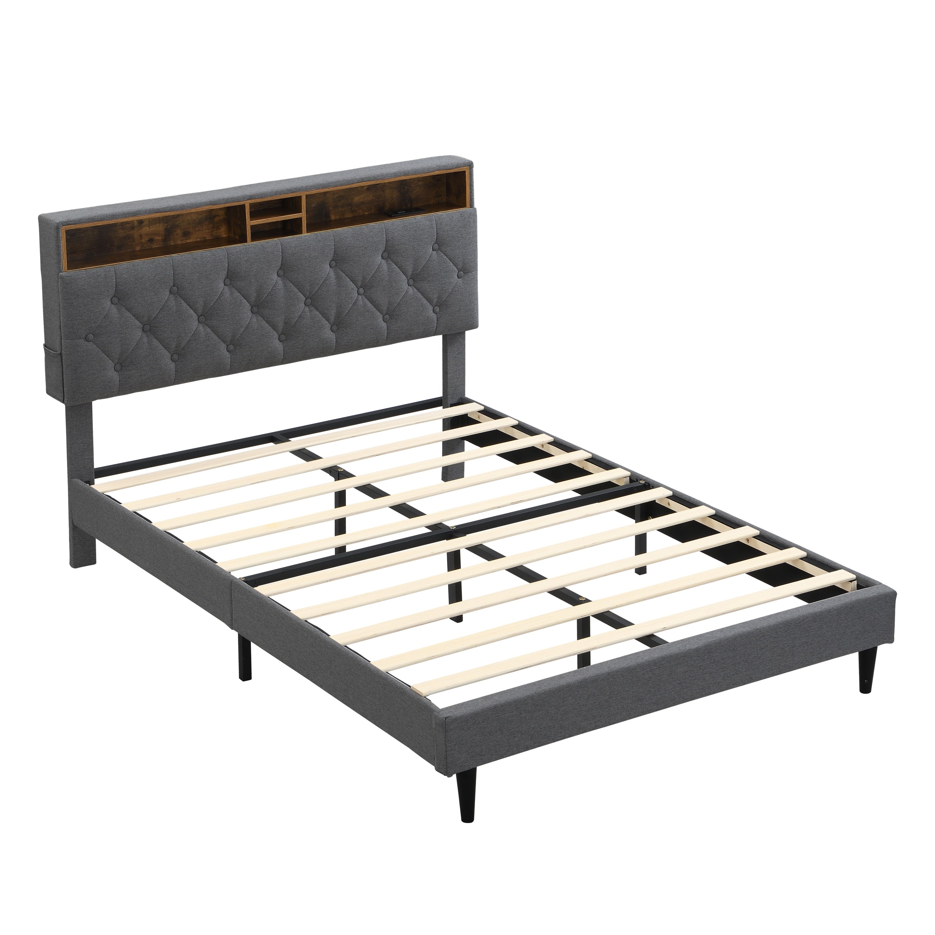 Grey Queen Platform Bed: Modern, Tufted, USB
