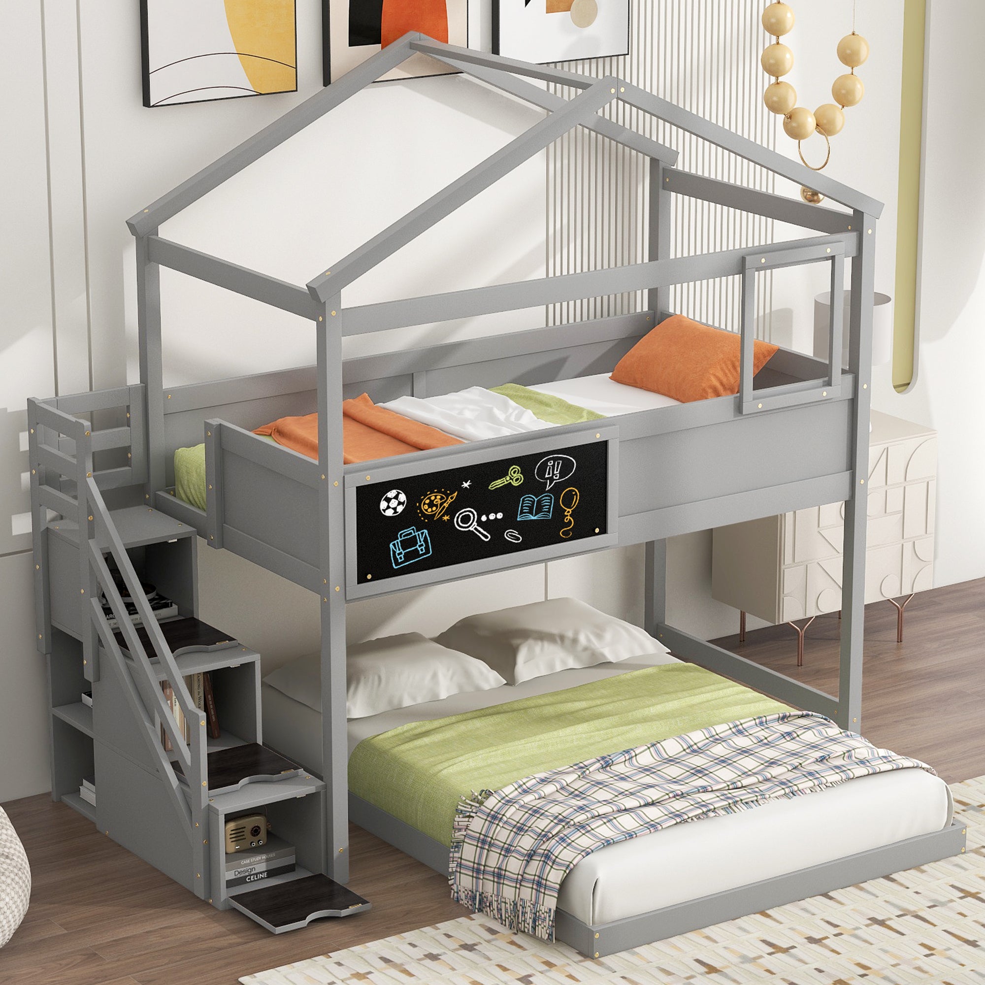 Gray Twin over Full House Bunk Bed: Storage Stairs, Blackboard