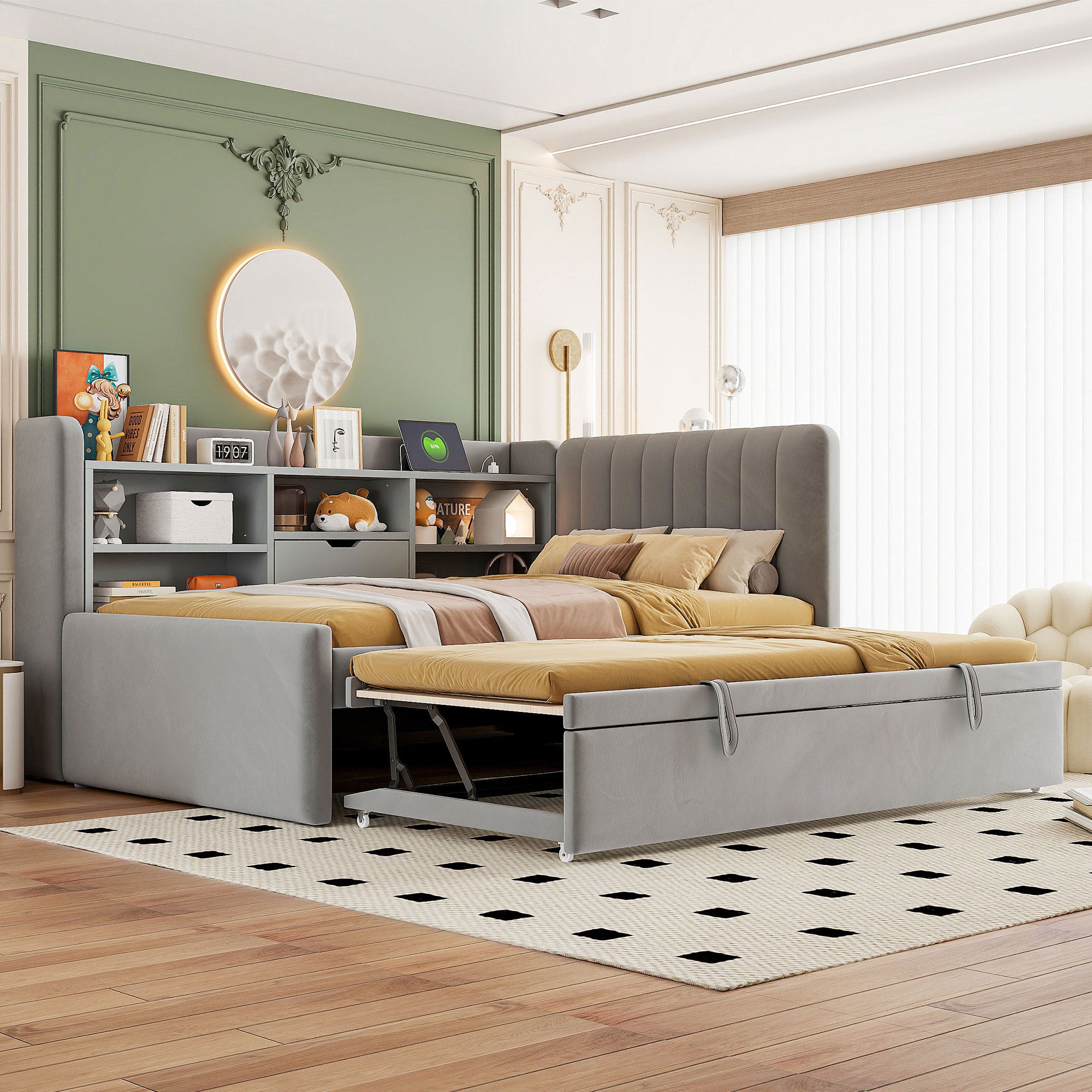 Gray Twin Upholstered Daybed with Trundle, Storage, USB/Outlet