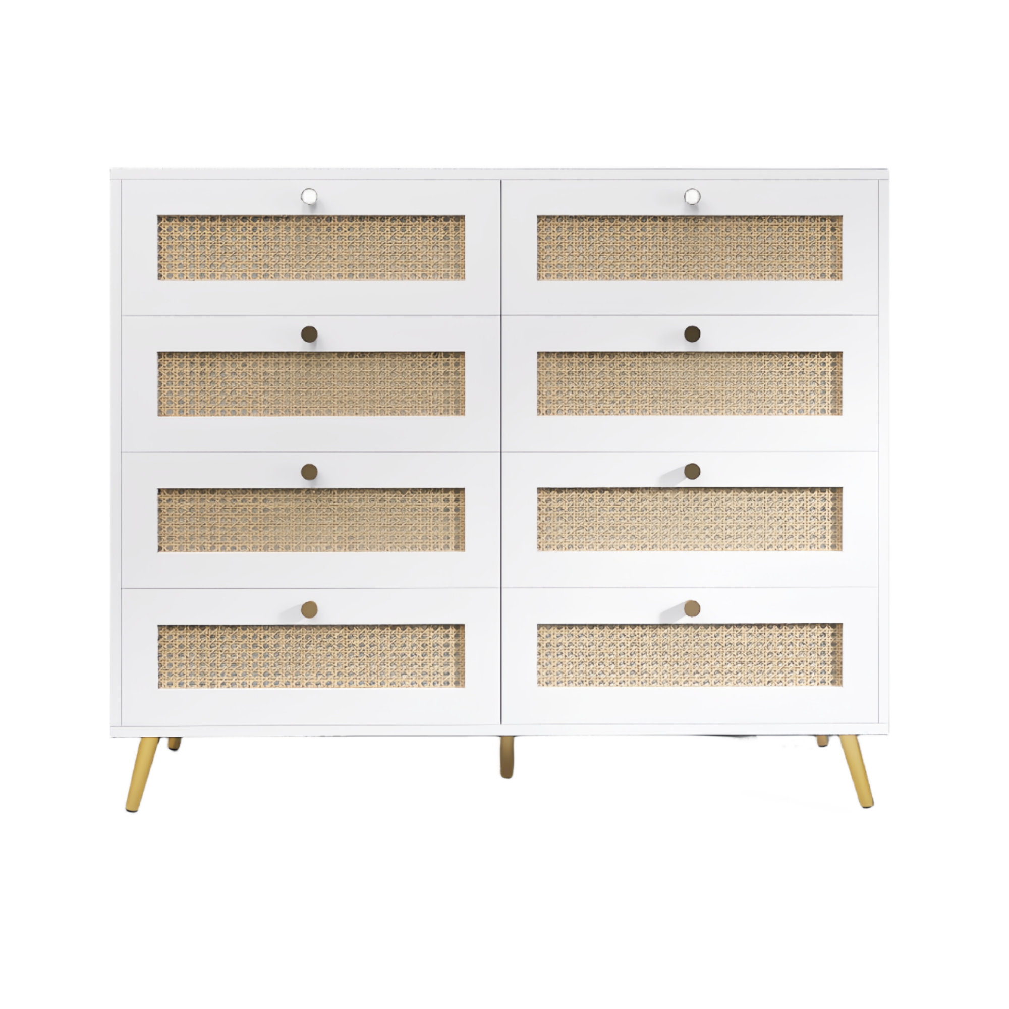 White 8-Drawer Rattan Chest with Golden Accents