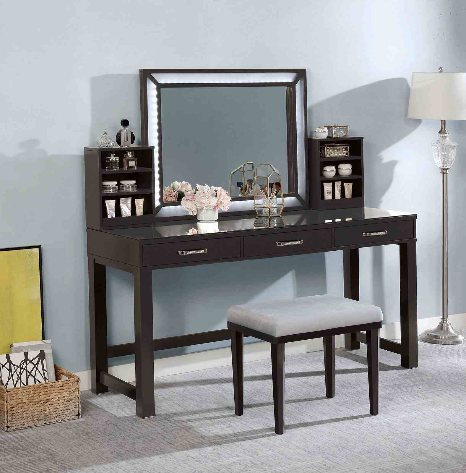 Glam Vanity Set w/ Stool, Mirror, Glass Top, Storage - Obsidian Gray