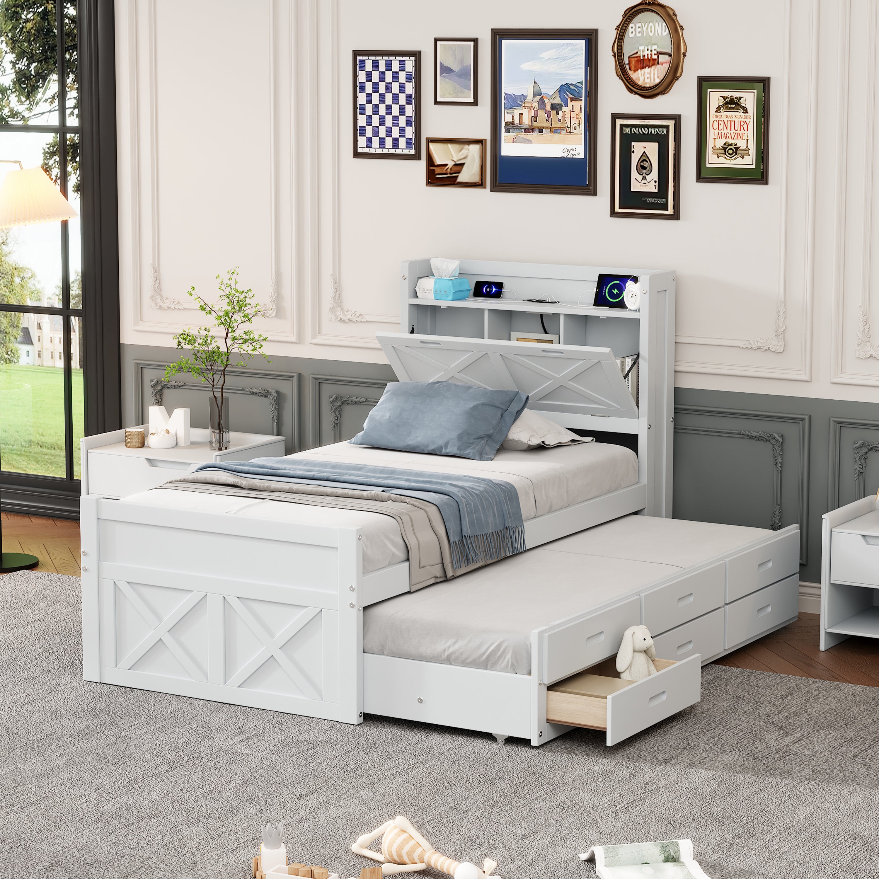 White Twin Wooden Bed w/ Storage Headboard, Outlets, Trundle, Drawers