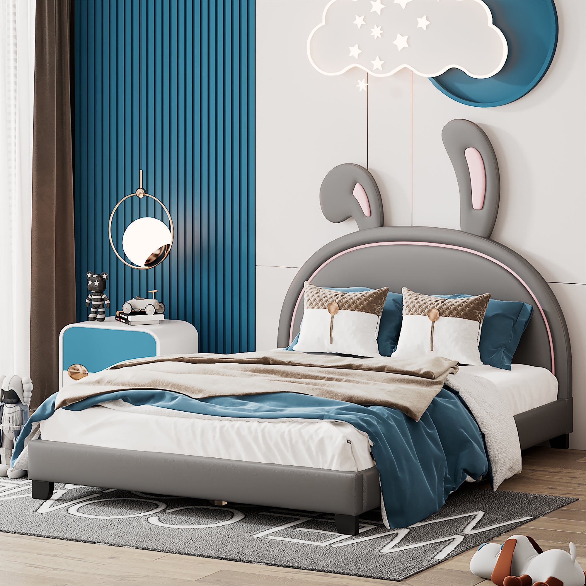 Full Size Gray Leather Platform Bed with Rabbit Ornament