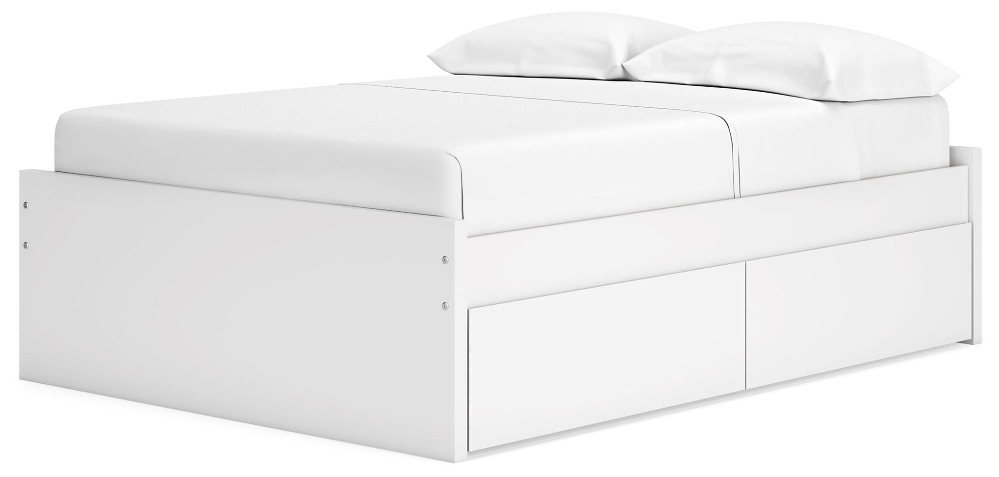 White platform bed with side drawers and slat support under the mattress