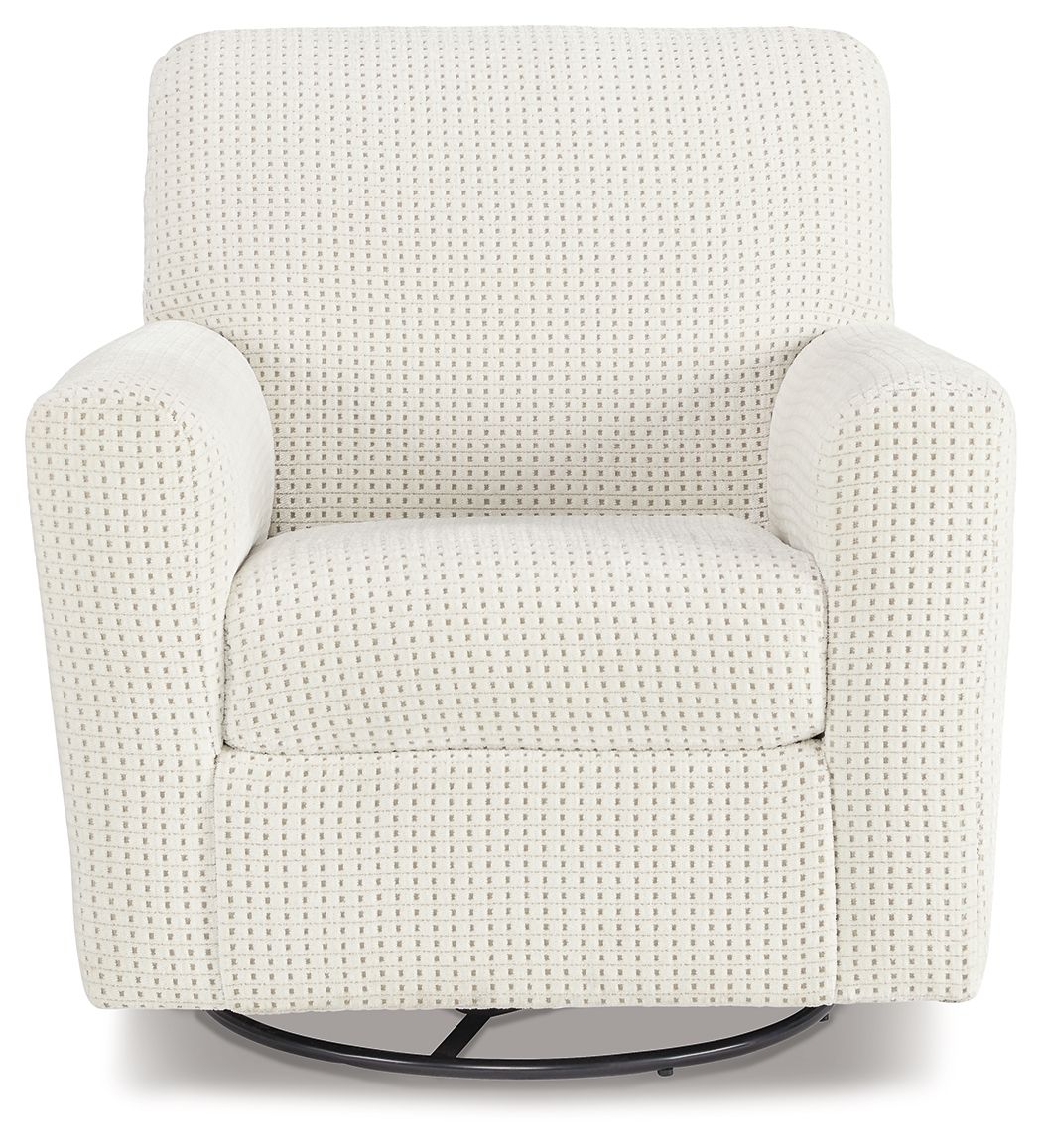 Ivory accent swivel glider armchair with tall back, cushioned seat, and curved arms