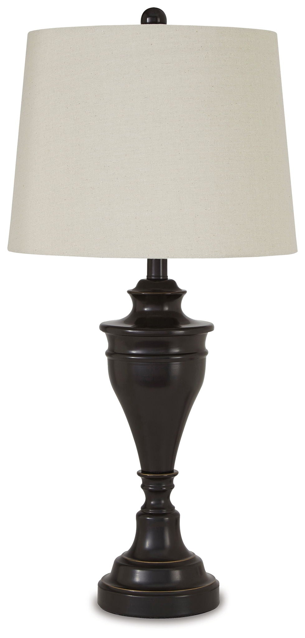 Bronze metal table lamp with beige fabric shade and dark fluted pedestal base.
