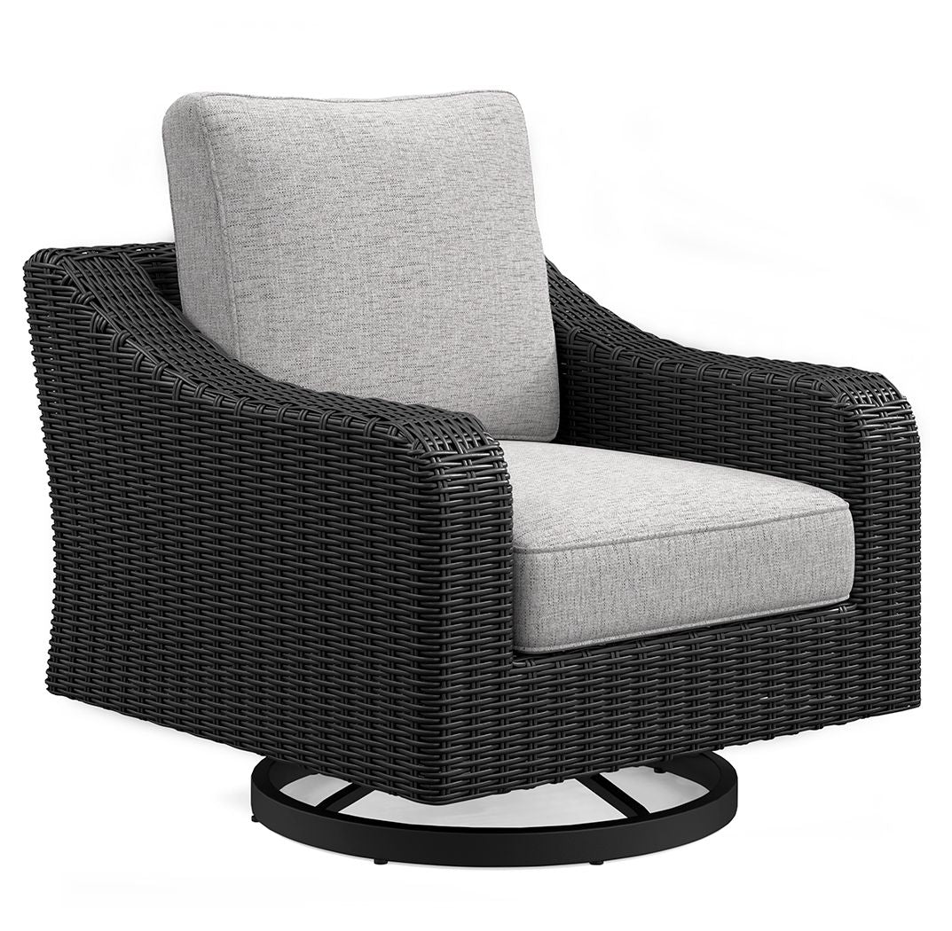 Black woven swivel lounge chair with light gray seat and back cushions, round swivel base