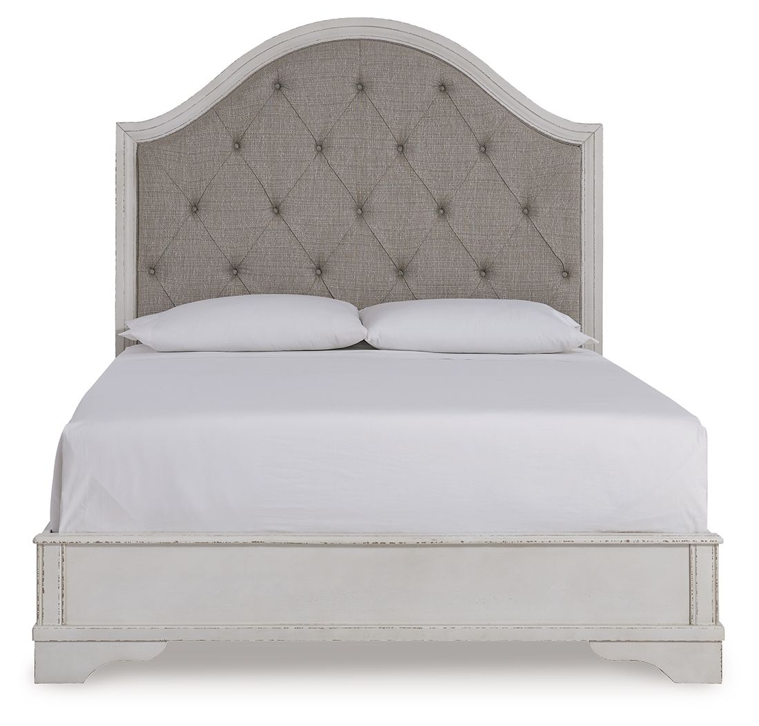 Queen upholstered panel bed with gray tufted headboard and white frame, two pillows