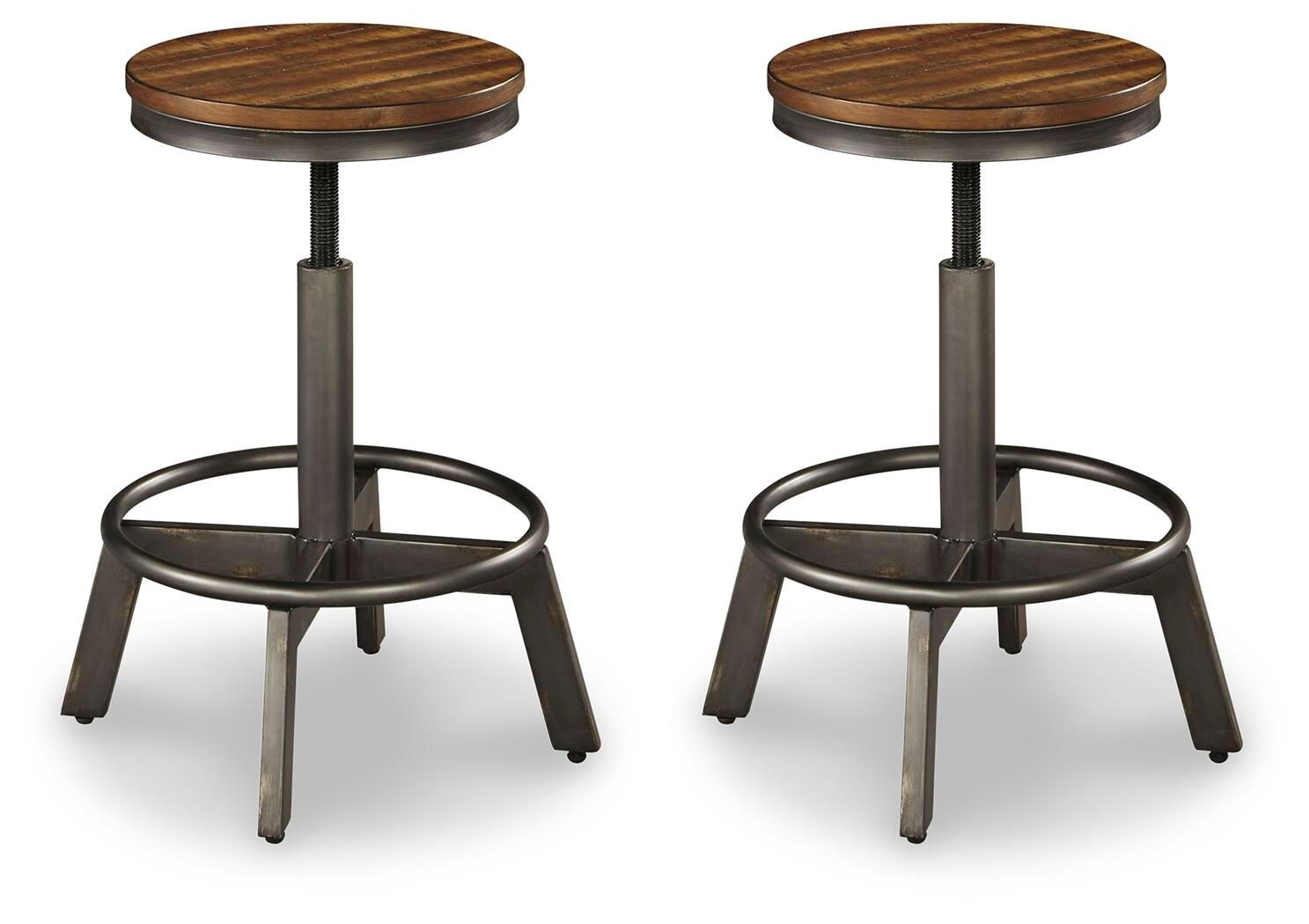 Set of 2 dark brown swivel stools with round seats and metal tripod base