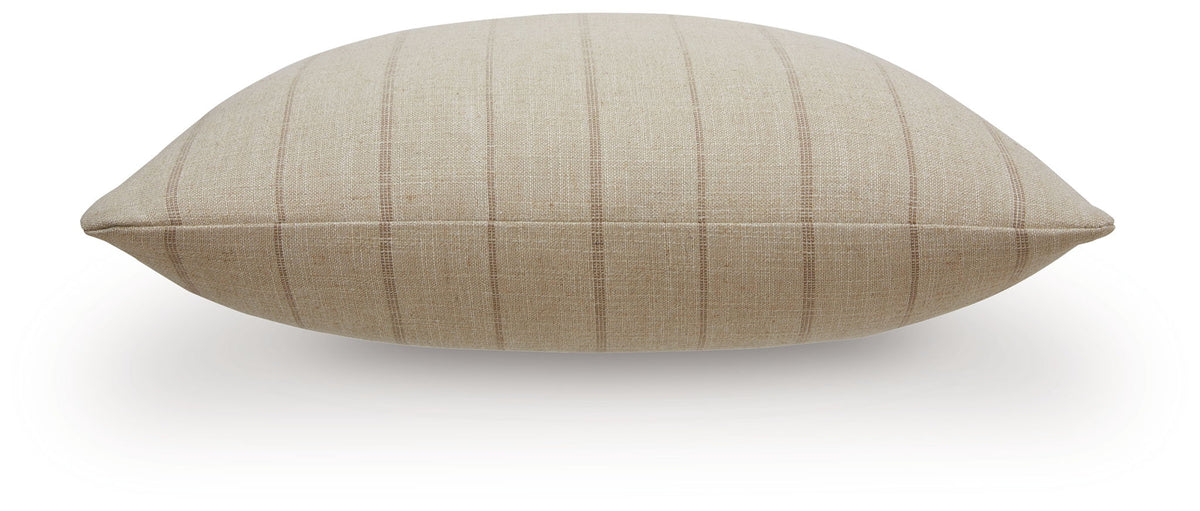 Beige pillow with vertical brown stripes, side view