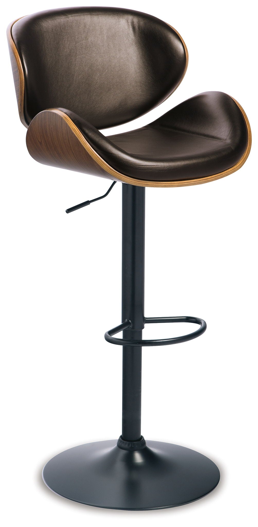 Tall swivel barstool with dark upholstered seat and back, wood armrests, black base