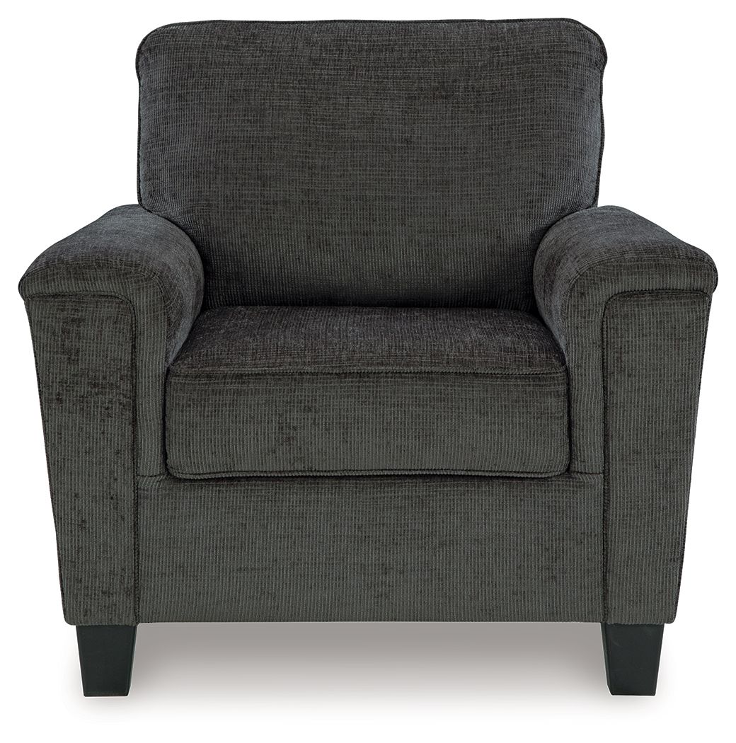 Dark gray upholstered armchair with square arms, seat cushion, and short legs