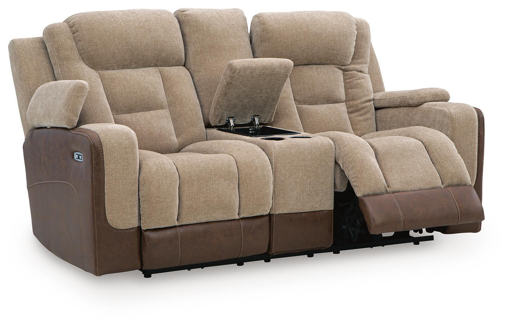 Power reclining loveseat with adjustable headrests and side control panel, beige and brown.