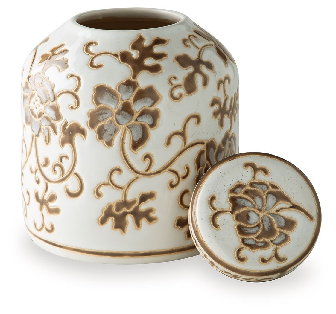 Adalham ceramic jar with matching lid, cream with brown ornate floral motifs.