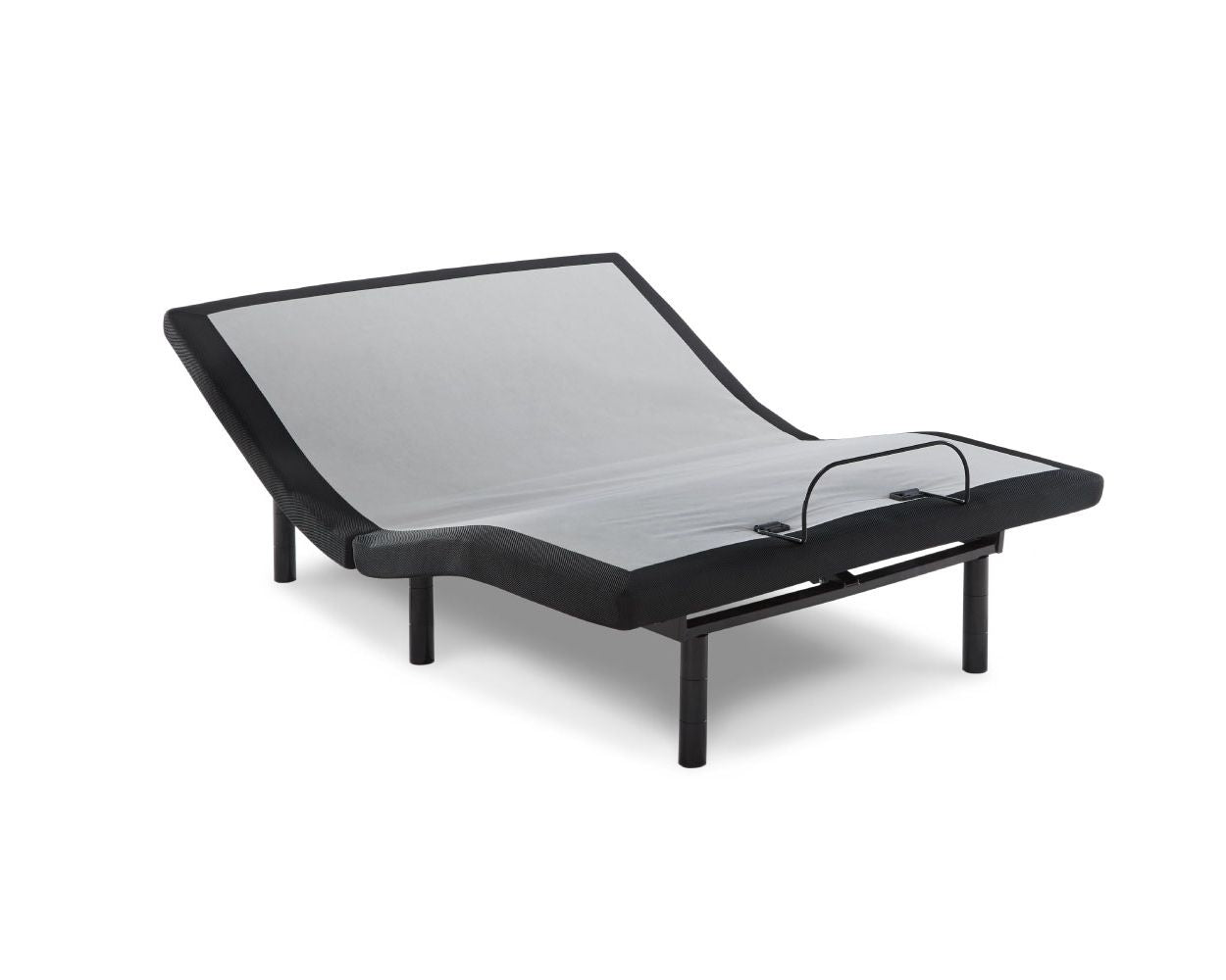 Black adjustable bed base with head and foot lift, fabric-covered platform