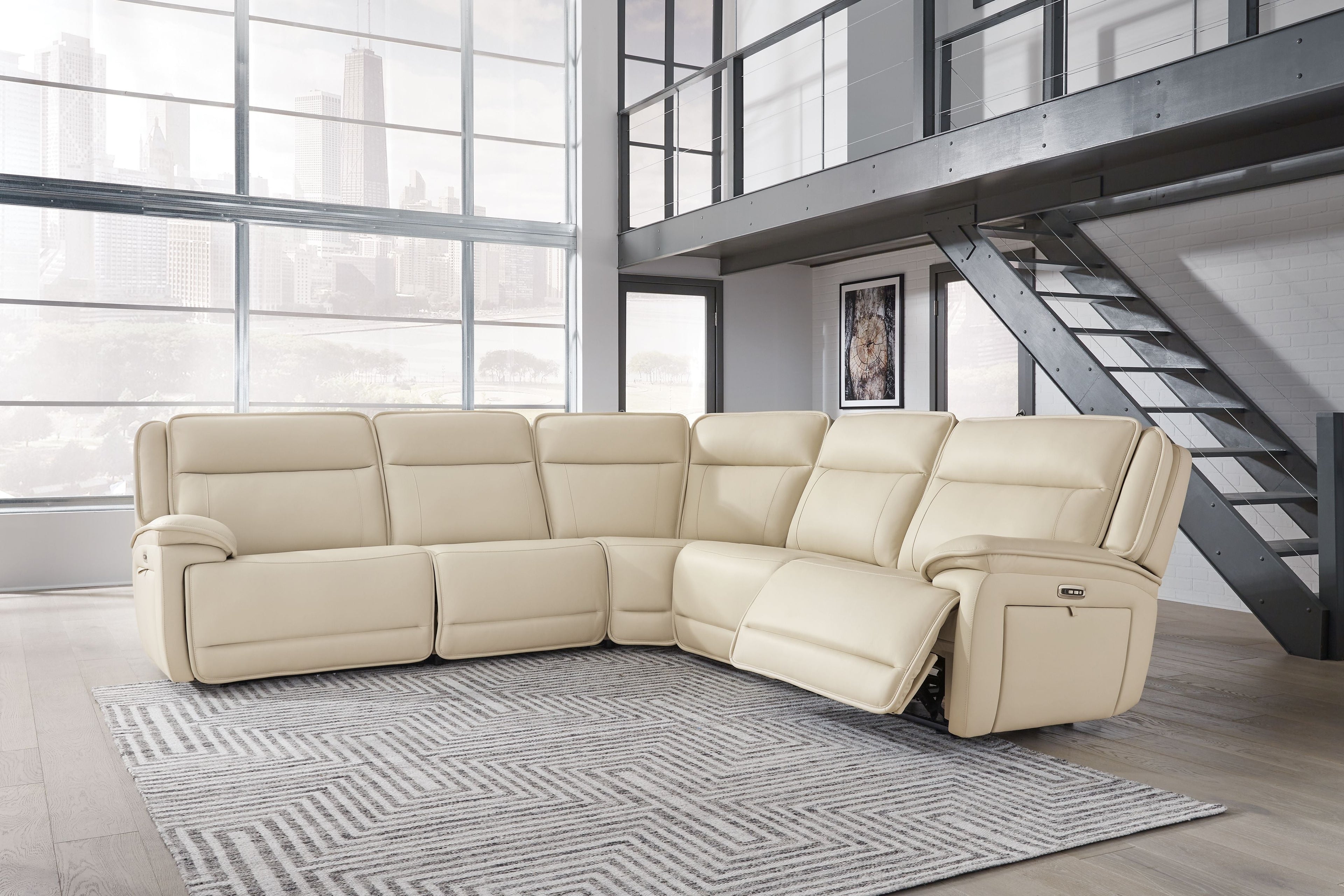 Almond power reclining sectional with chaise corner and reclined right seat