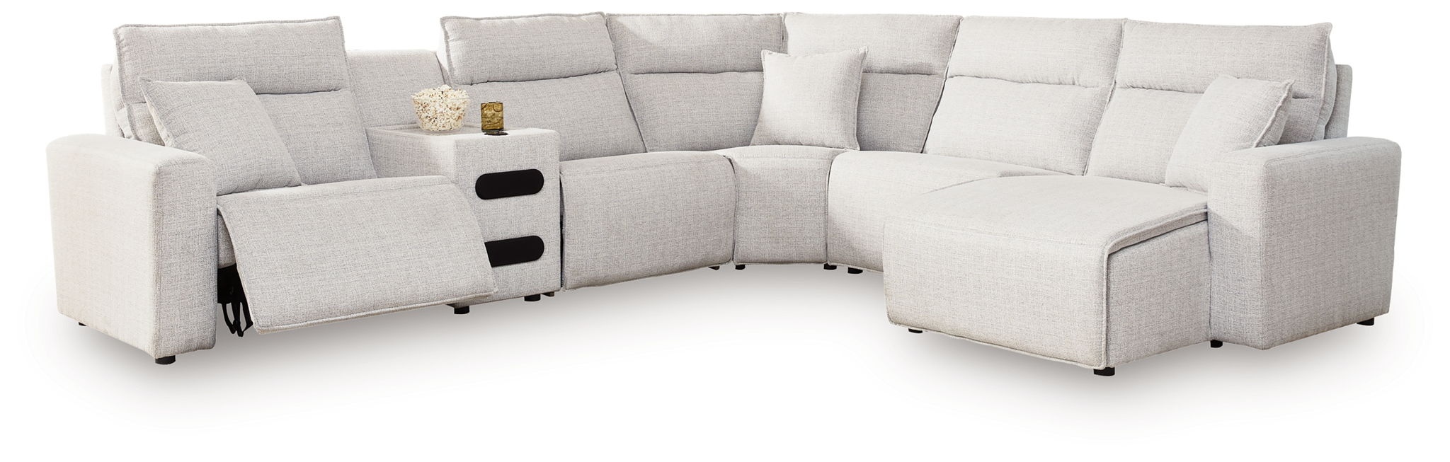 Light gray reclining sectional sofa with chaise seats and padded side arms