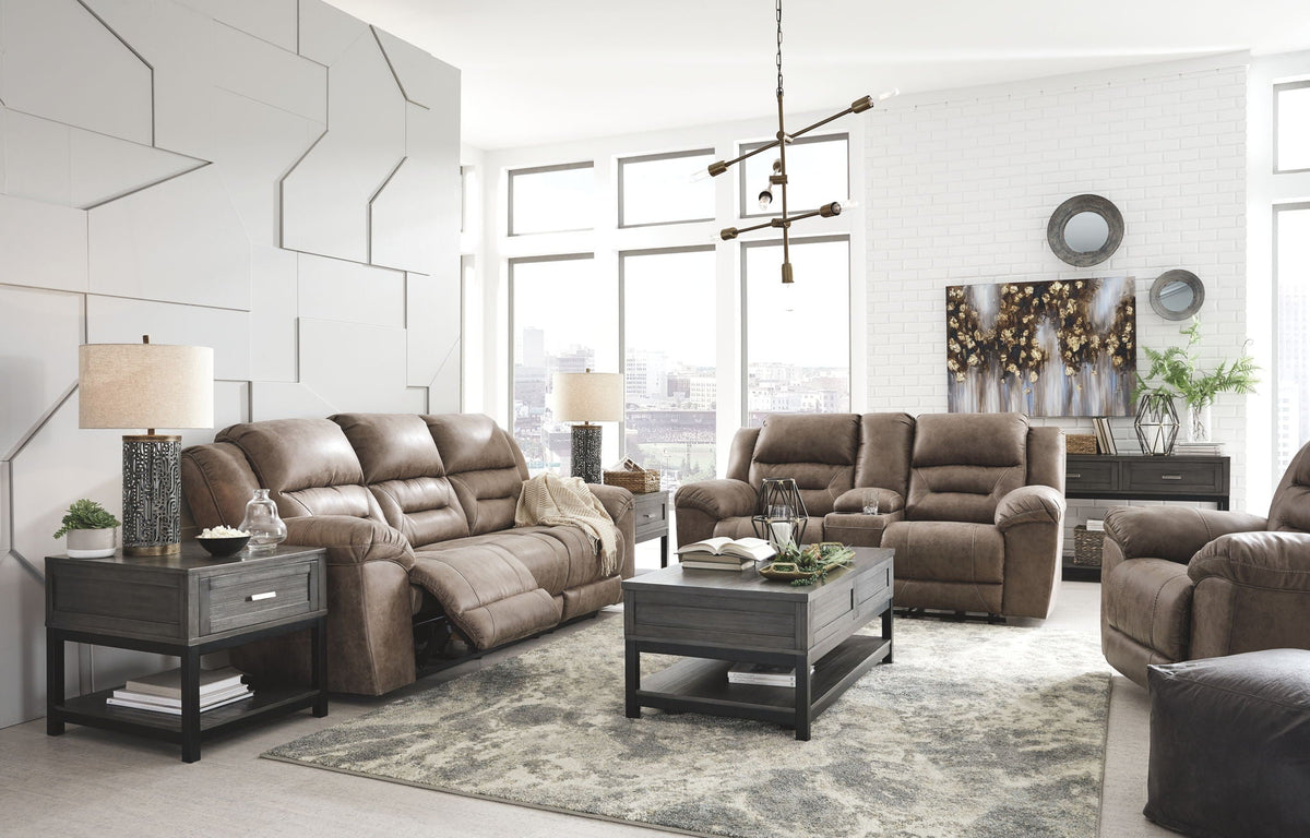 Reclining sofa, loveseat, and recliner set in dark brown with padded headrests