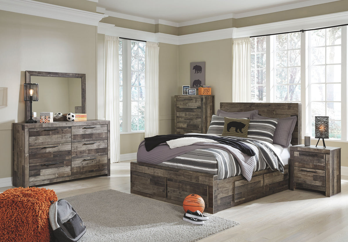 Youth panel bedroom set with dark wood bed, dresser with mirror, and side nightstand