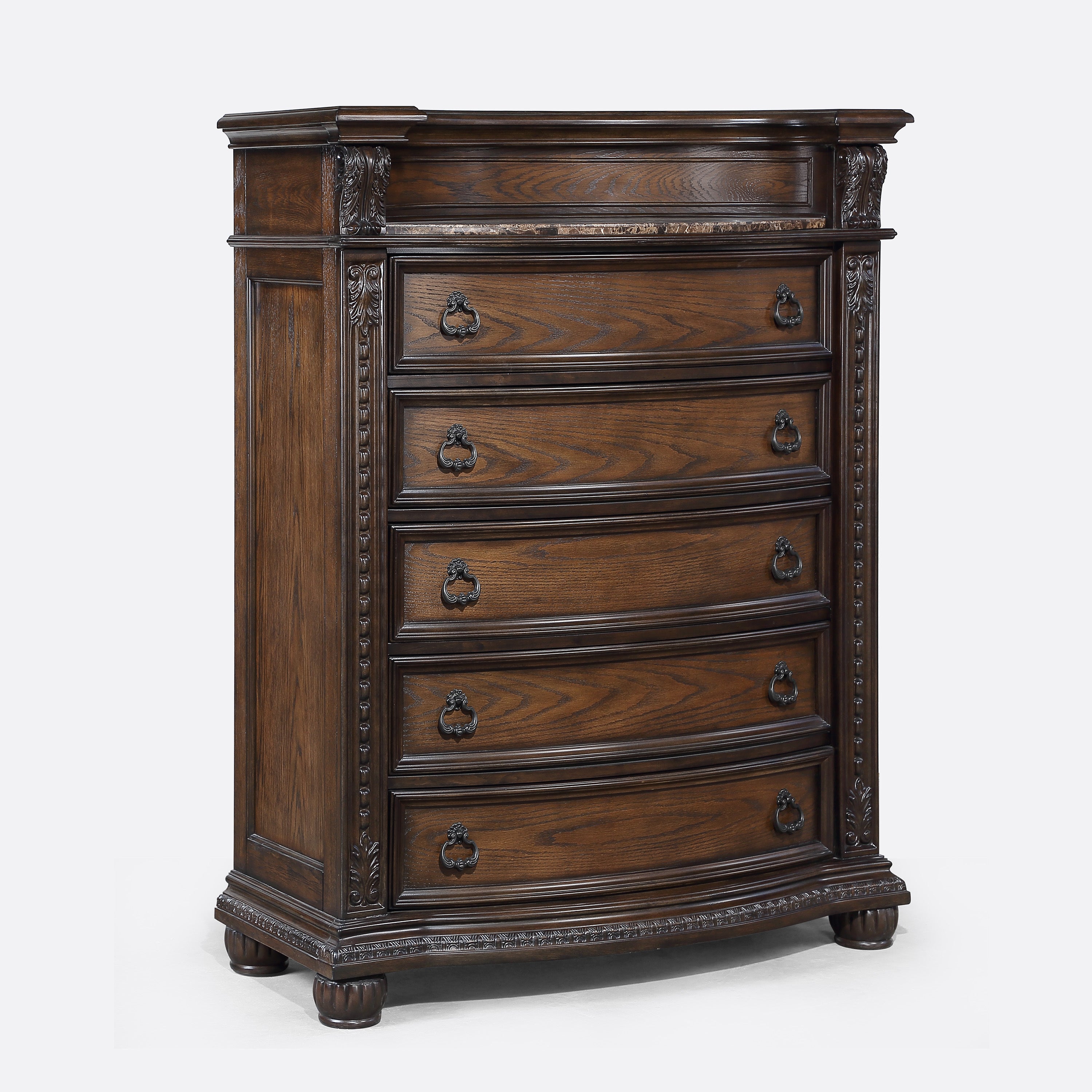 Marble Top 5-Drawer Tall Chest - Solid Wood Bedroom Furniture
