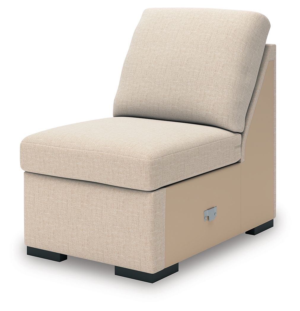 LadyMae armless chair in light beige twill fabric, rounded back and square seat