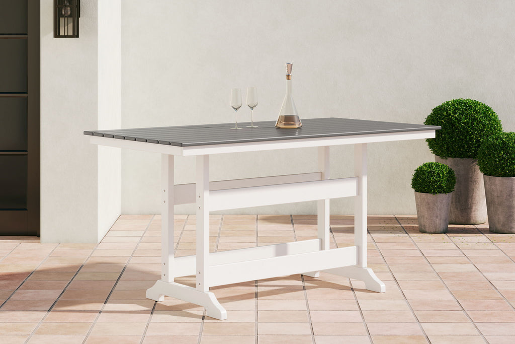 Gray slatted outdoor counter table with white crossbeam support