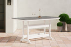 Gray slatted outdoor counter table with white crossbeam support