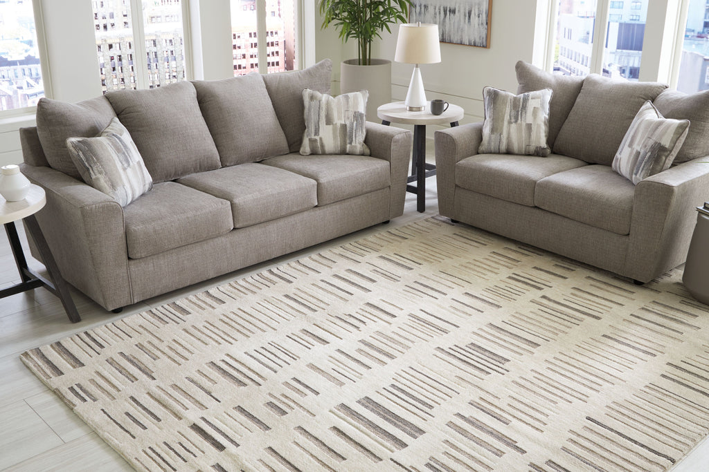 Pearl silver rug with rectangular stripe pattern in dark gray