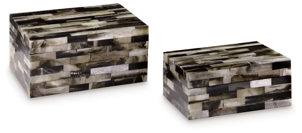 Set of 2 wood block storage boxes, striped black, brown, cream with lids