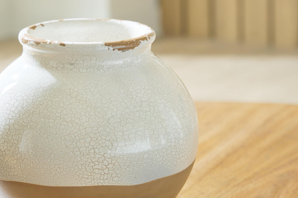 Vercott white ceramic vase with crackle glaze, close view of flared rim