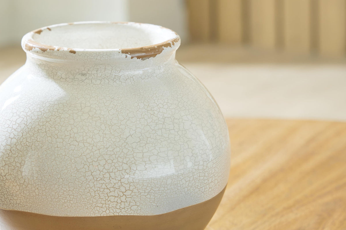 Vercott white ceramic vase with crackle glaze, close view of flared rim