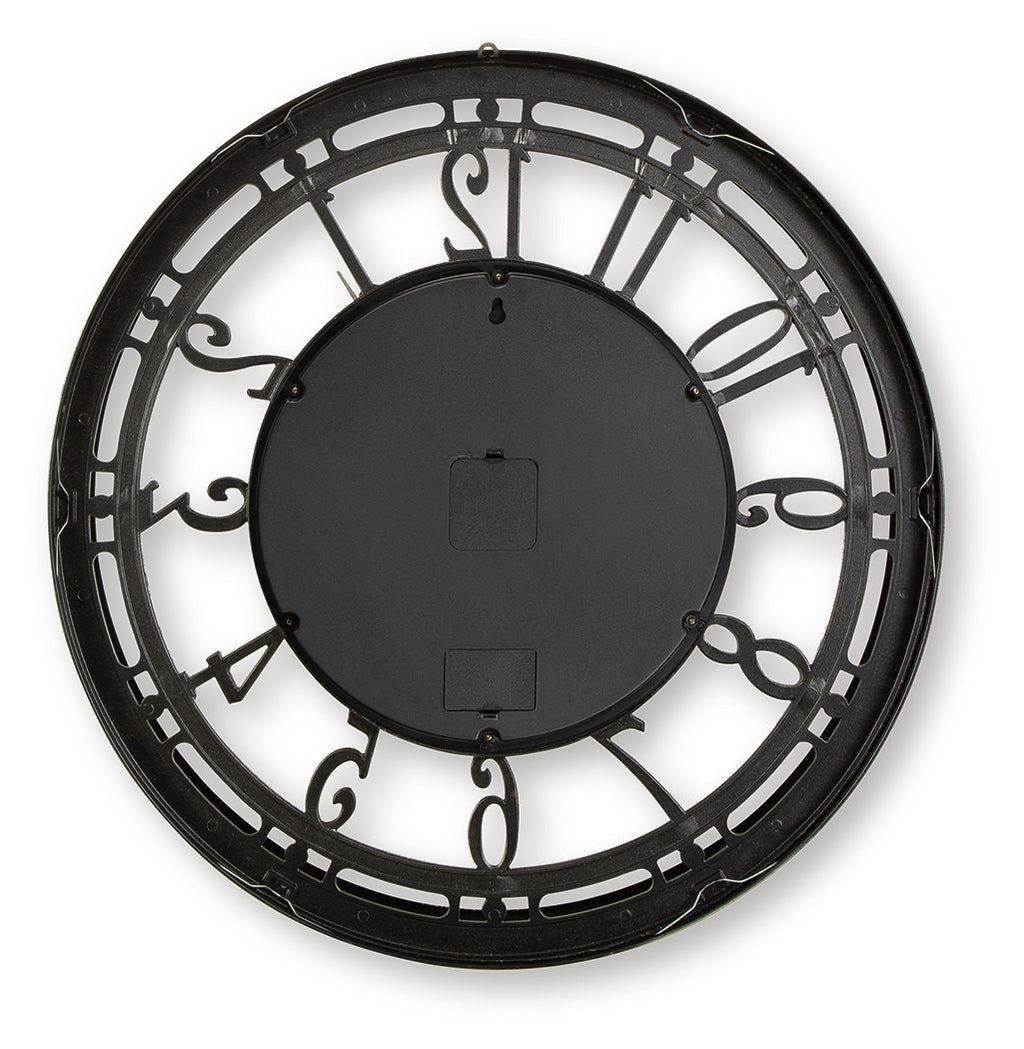 Dark wall clock with gear dial and Roman numerals, black hands