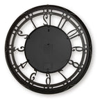 Dark wall clock with gear dial and Roman numerals, black hands