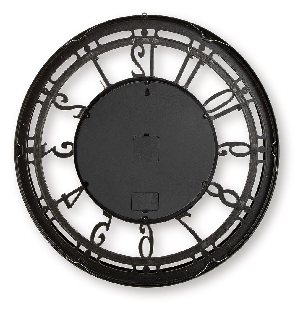 Dark wall clock with gear dial and Roman numerals, black hands