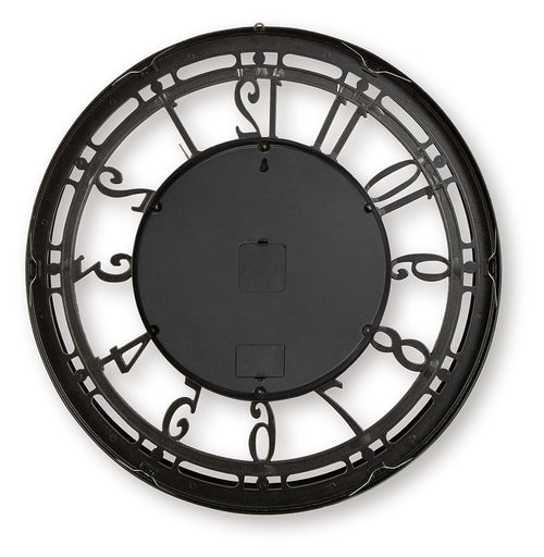 Dark wall clock with gear dial and Roman numerals, black hands