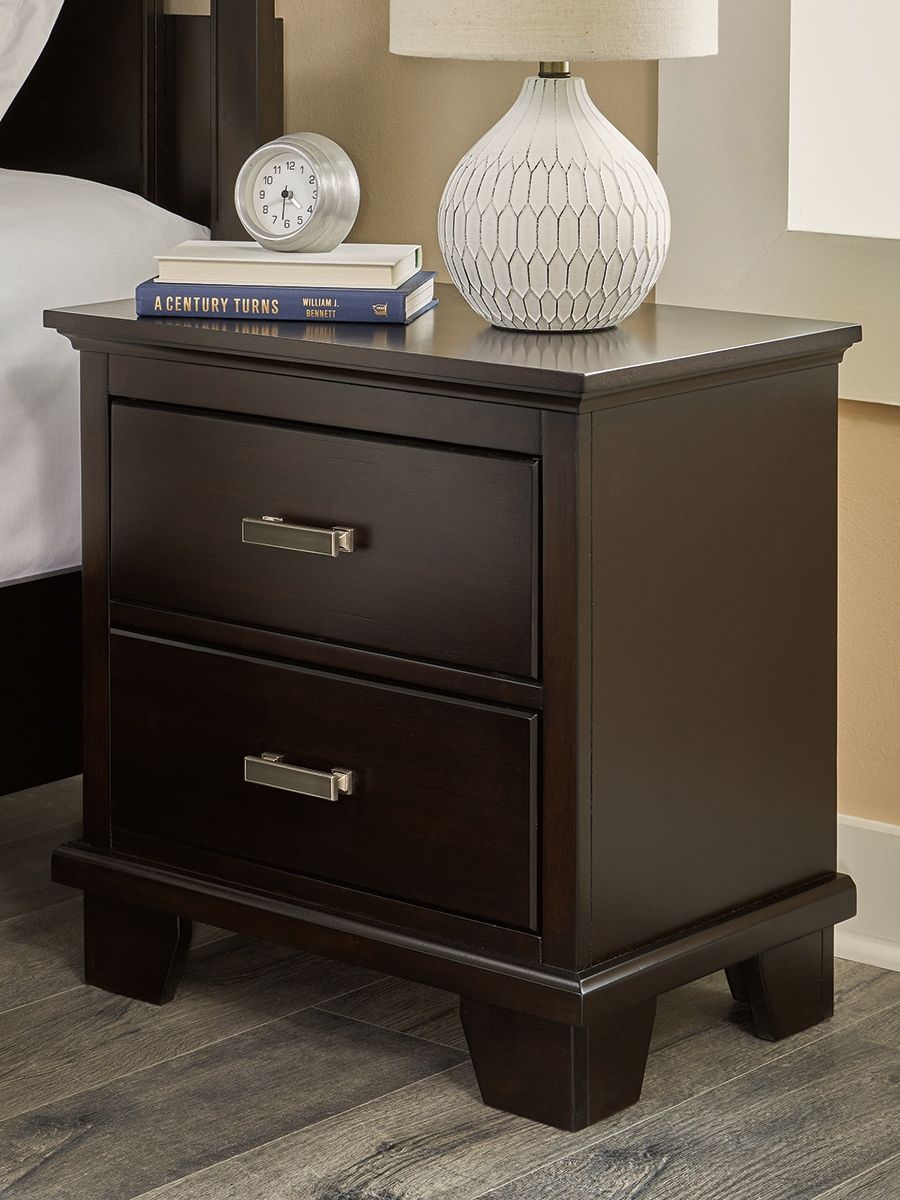 Dark brown two-drawer night stand with brushed metal pulls and sturdy rectangular frame