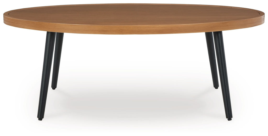 Round two-tone wood cocktail table with light brown top and dark legs