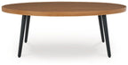 Round two-tone wood cocktail table with light brown top and dark legs