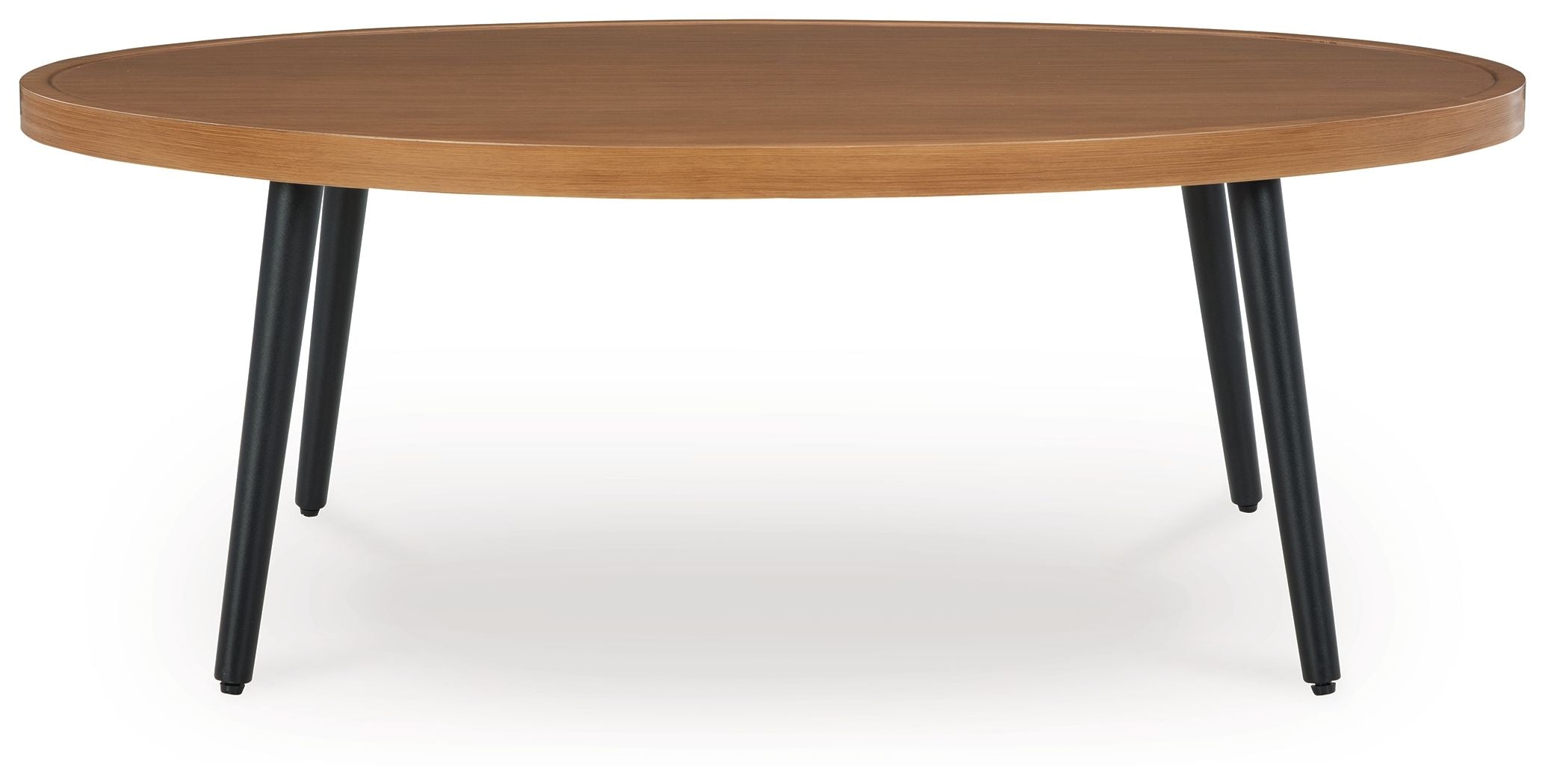 Round two-tone wood cocktail table with light brown top and dark legs