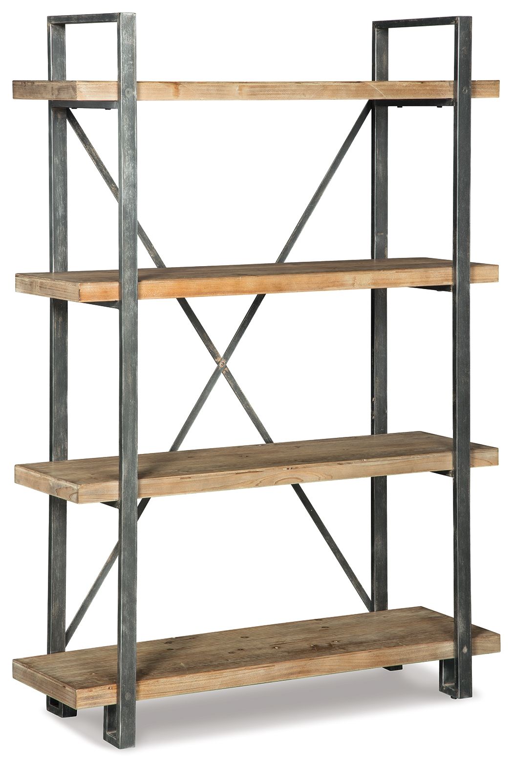 Brown and black bookcase with open shelves and X-frame support, four-tier design