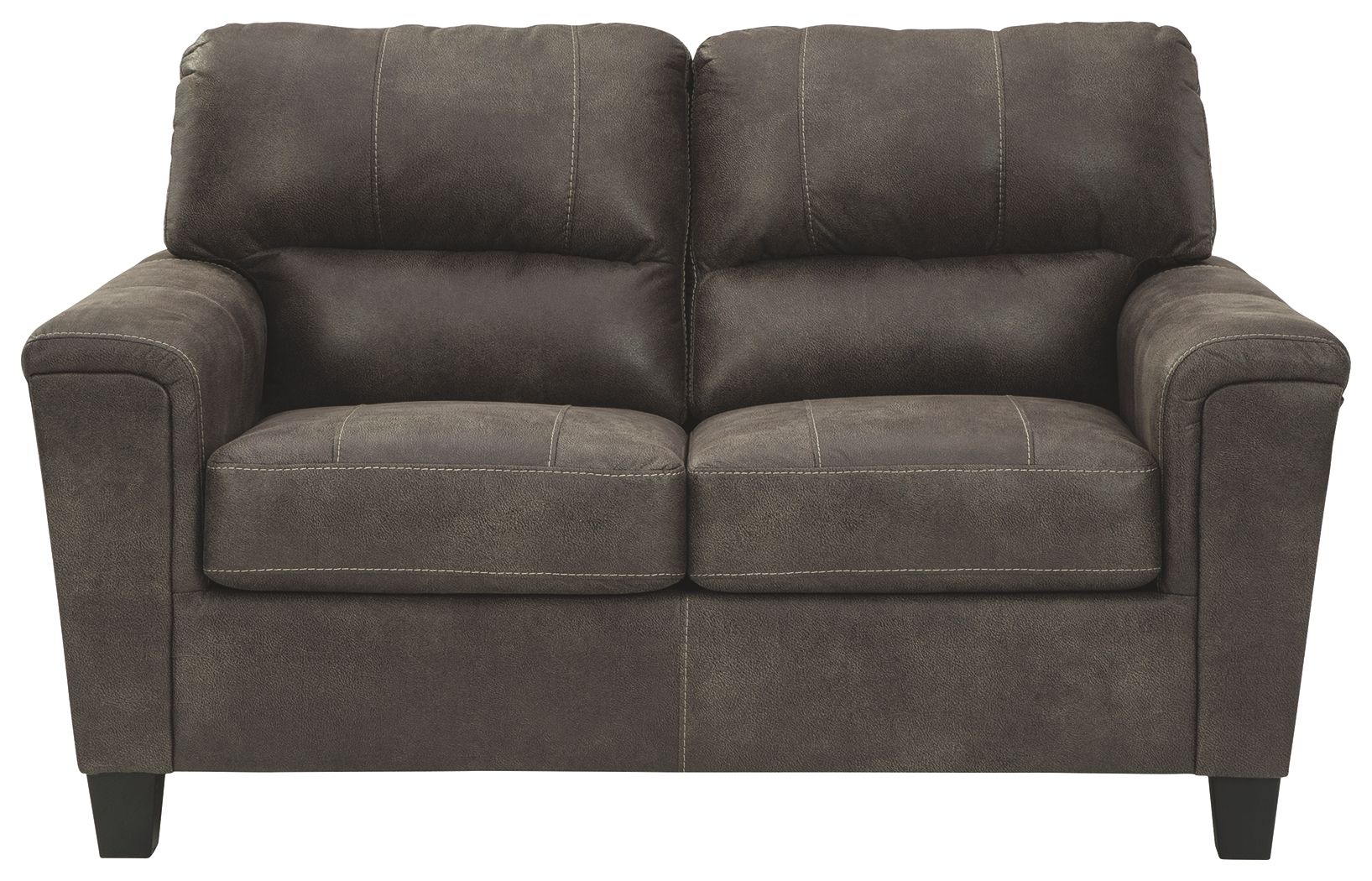 Dark gray two-seat sofa with padded arms and tufted back cushions