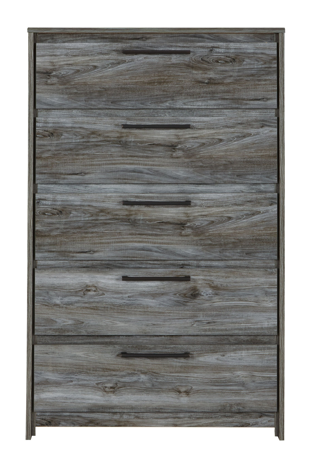 Five-drawer chest in gray wood with five drawers and dark bar pulls