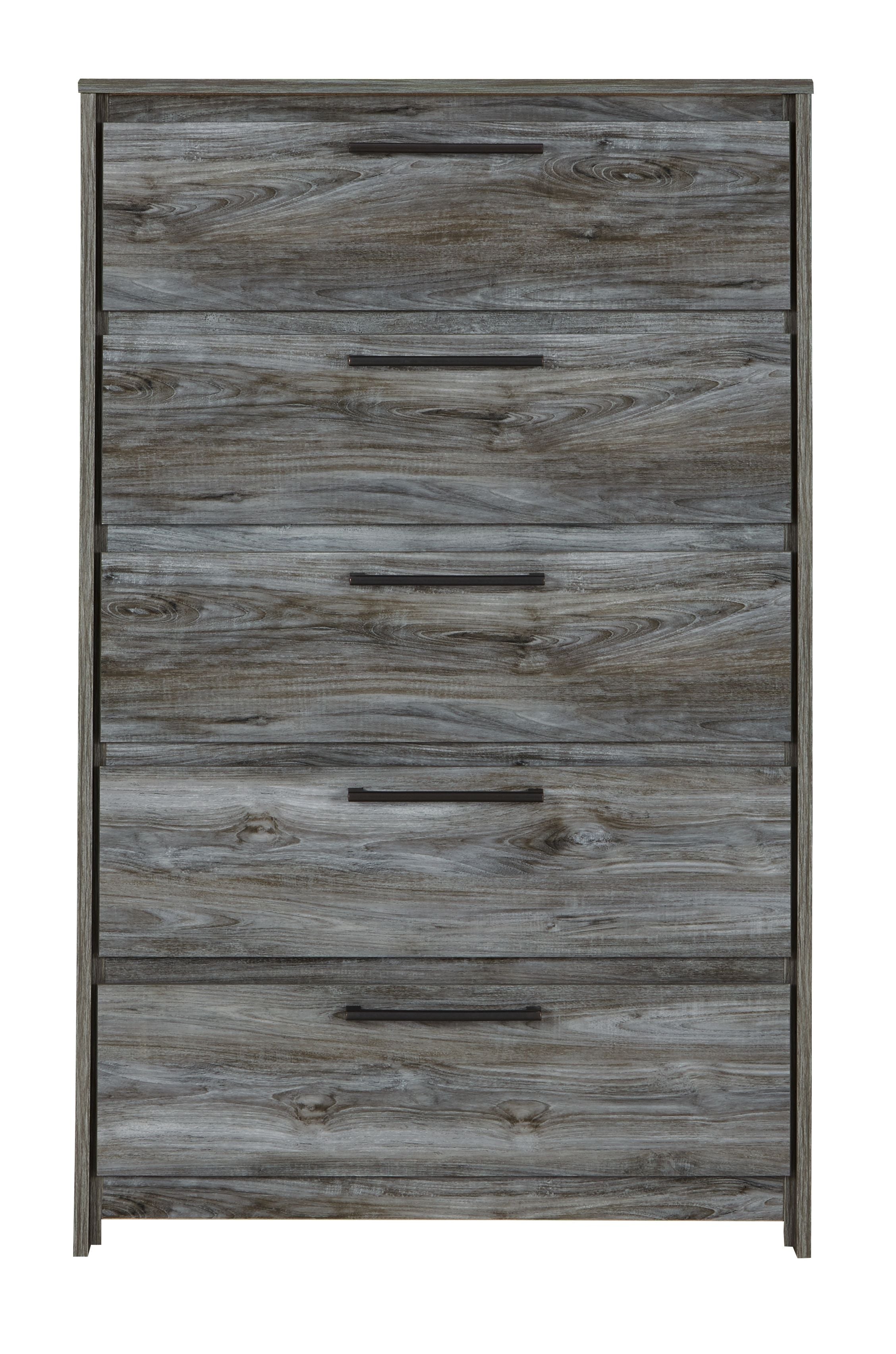 Five-drawer chest in gray wood with five drawers and dark bar pulls