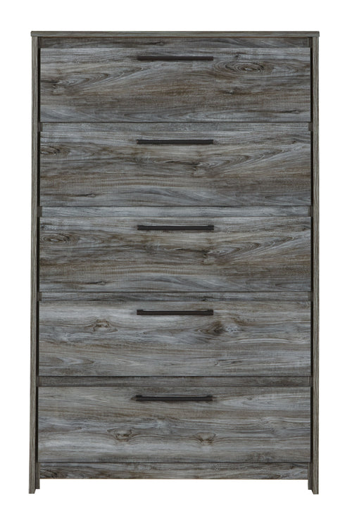 Five-drawer chest in gray wood with five drawers and dark bar pulls