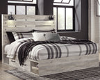 Bedroom set bed with light wood frame and plaid bedding with dark accent pillows